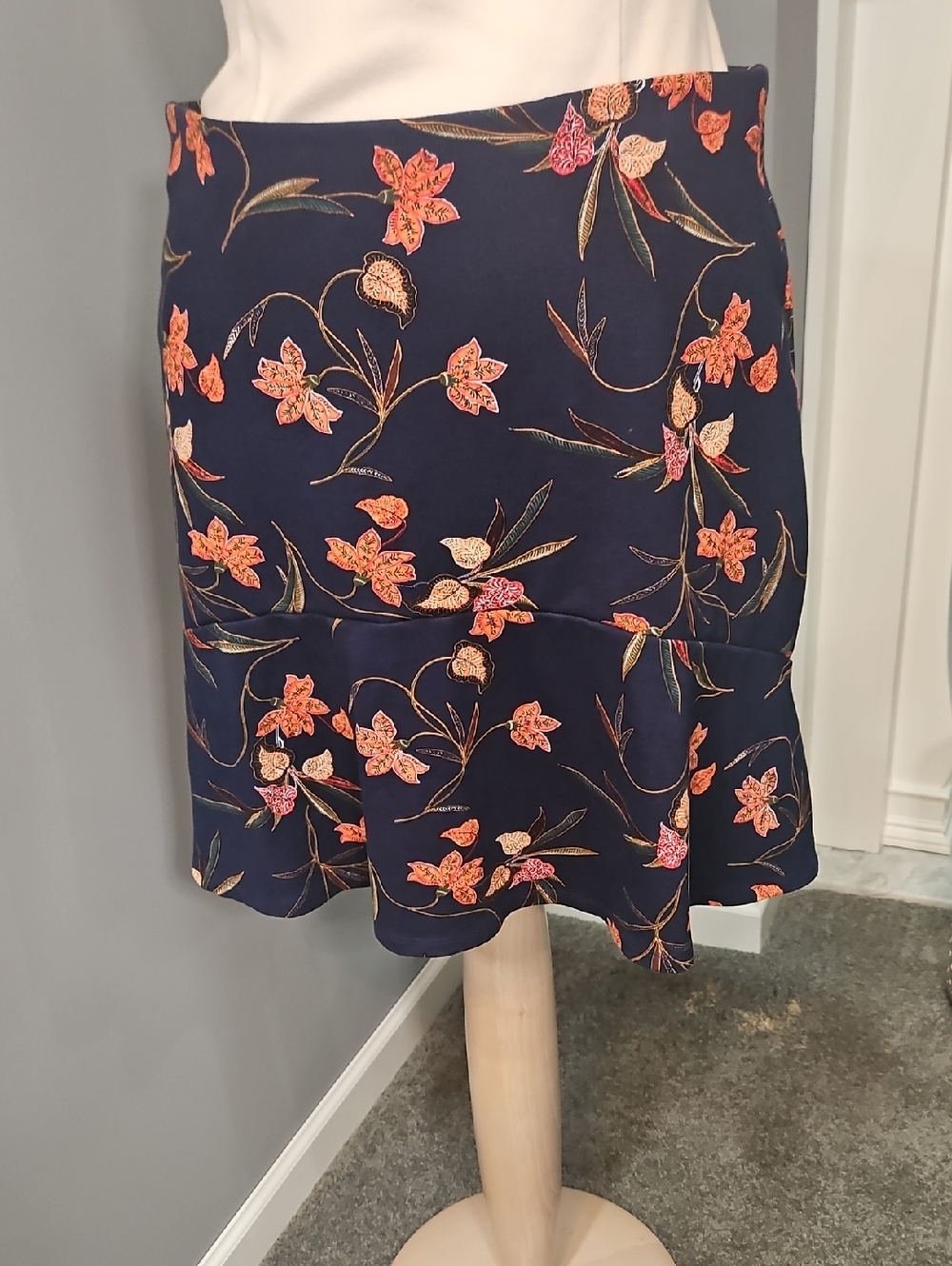LOFT Navy Mini Skirt with Orange-Pink Floral Print